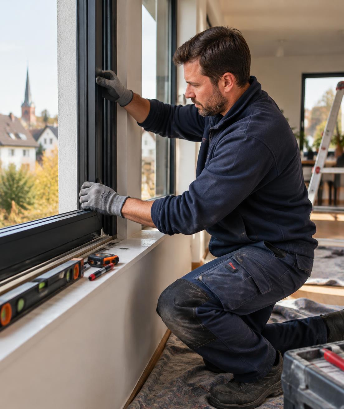 Handwerker bei der sorgfältigen Fenstermontage